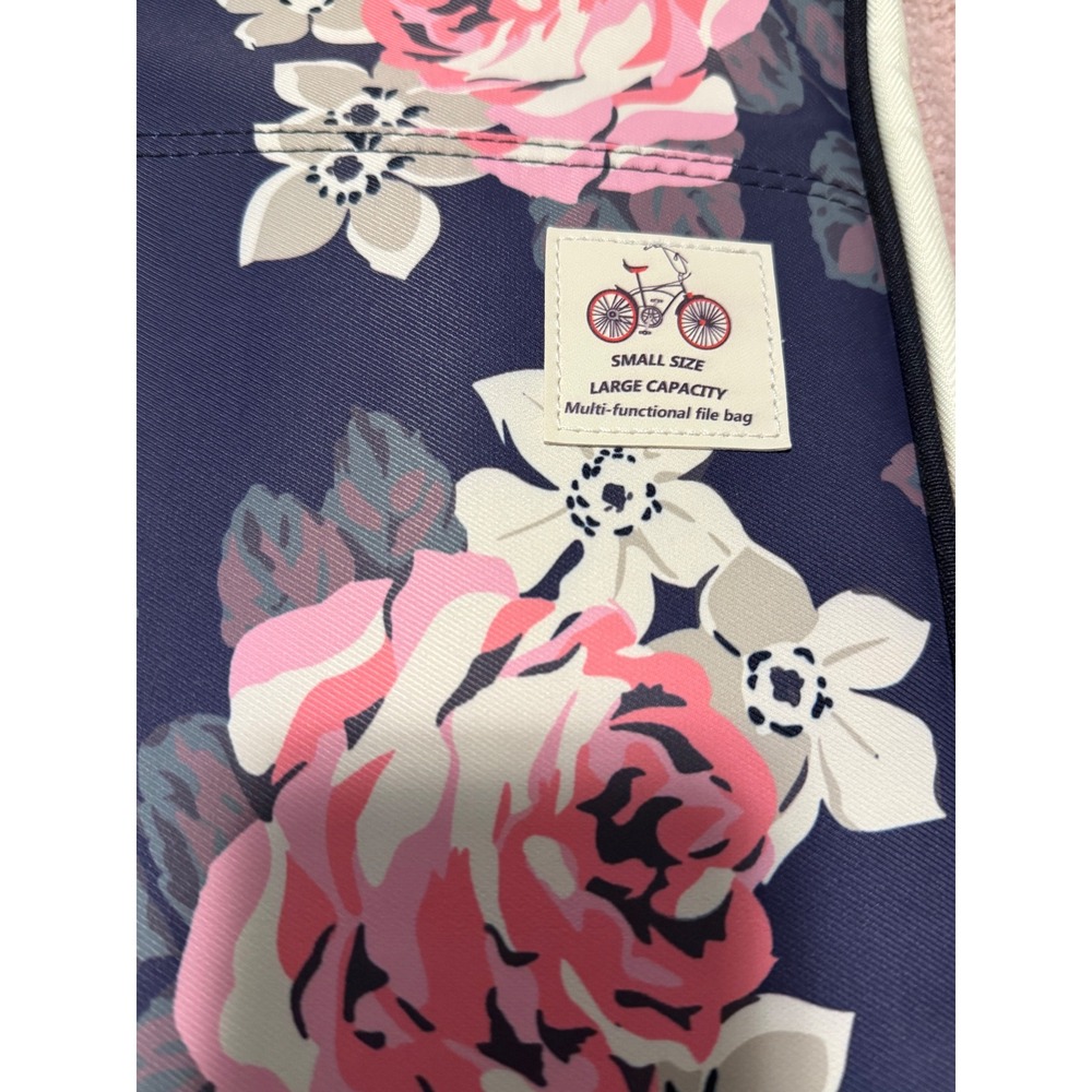 Floral Multi-Functional File Bag Document Organizer Navy Pink Rose Travel Case - Picture 3 of 10